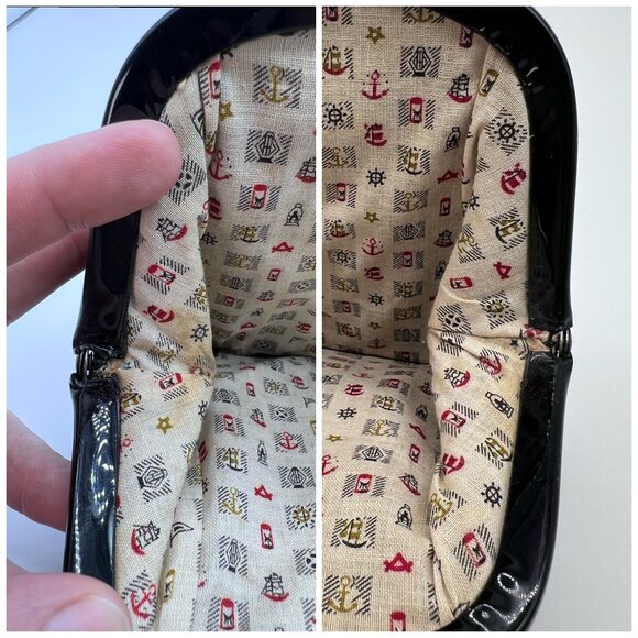 Vintage Black Patent Vinyl Clutch Bag Chain Strap Retro Purse - Picture 6 of 9